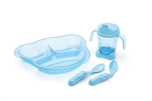 Kit Alimentação Translúcido Azul com Prato com Dvisórias, Porta Suco e Colheres Adoleta 885/896 Cajovil