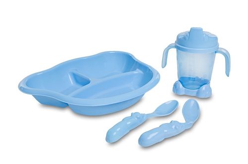 Kit Alimentação Prato com Divisórias Porta Suco e Colheres Azul 933  Cajovil
