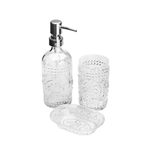 Conjunto para Banheiro 3 Peças Vidro Flor de Lis Transparente 3984 Lyor