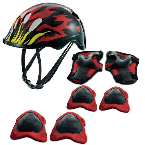 Kit de Proteção Infantil (Capacete e Acessórios) Vermelho Chamas