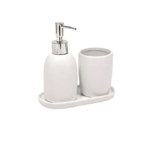 Conjunto 3 Peças Para Banheiro De Cerâmica Londres Branco E Prateado Casa Limpa Lyor