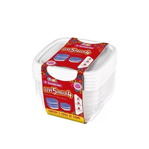 Conjunto 5 Potes de Plástico Quadrado 530ml SR124/555 Cores Sortidas Sanremo