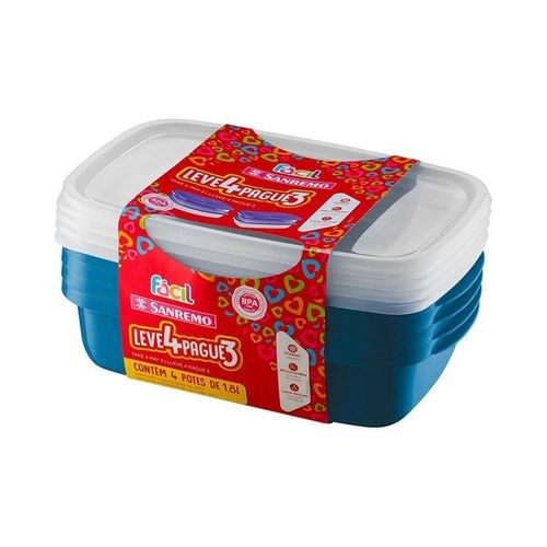 Conjunto 4 Potes de Plástico Quadrado 1,8L SR170/7 Cores Sortidas Sanremo