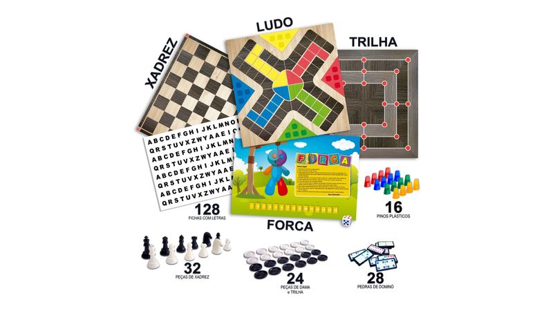 Jogos 6 em 1 Jogos Passatempos Clássicos e Tradicionais Brinquedo Educativo  de Madeira Jogos e Desafios Bambalalão Brinquedos Educativos