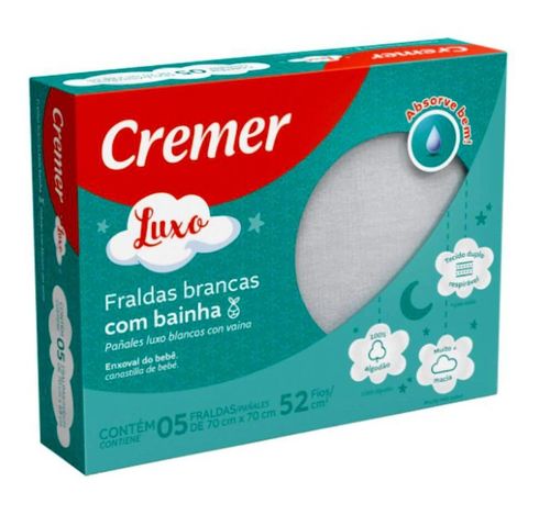 Fralda Luxo Branca com Bainhas com 05 unidades Cremer
