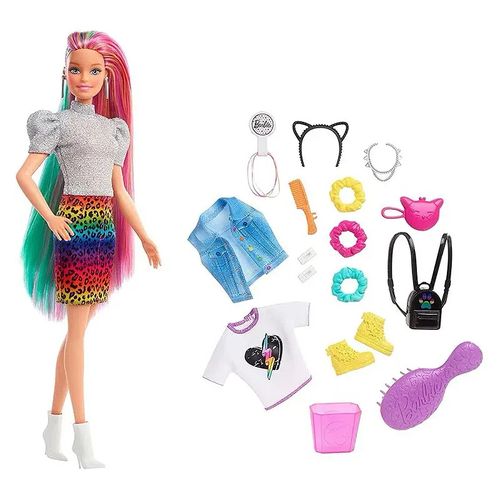 Boneca Barbie Leopard Rainbow Hair Cabelo Colorido Raspado Mattel