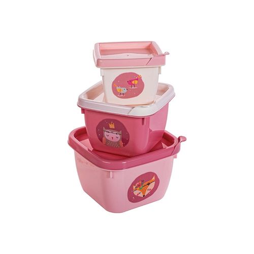 Conjunto de 3 Potes de Plástico Quadrados Bichinhos Conect Rosa Plasutil