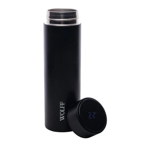 Garrafa Térmica De Aço Inox Preta Com Termômetro Em Led 500ml Wolff