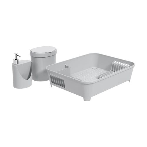 Kit Escorredor + Lixeira + Dispenser Cinza Frio Coza