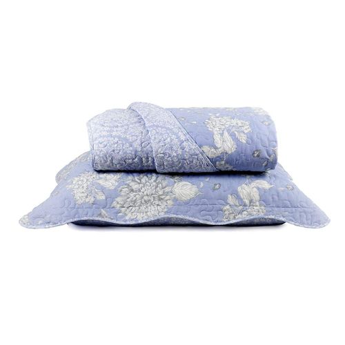 Kit Colcha Casal Azul Micromatelassê Prata Verônica 3 Peças Santista