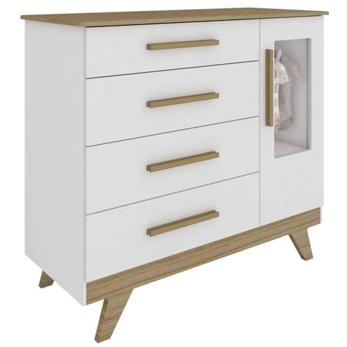 Cômoda Retrô 4 Gavetas 1 Porta com Vidro Branco Carvalho Peroba Móveis