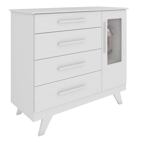 Cômoda Retrô 4 Gavetas 1 Porta Janelada Branco Brilho Peroba Móveis