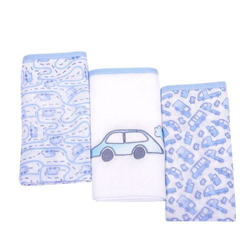 Kit 03 Peças Fralda De Pano Composê Azul Carro Minasrey