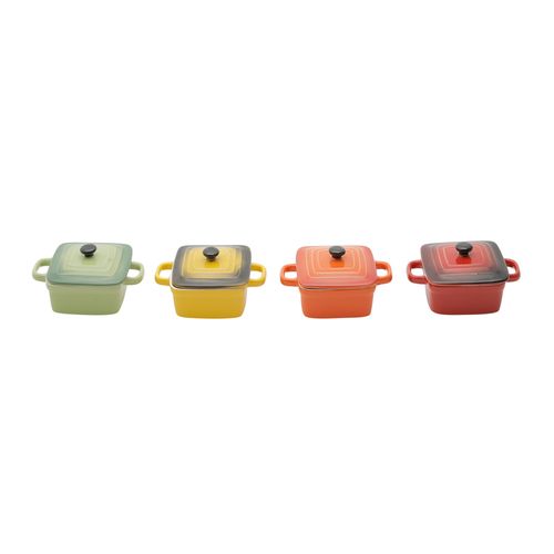 Conjunto 4 Mini Panelas Porcelana Com Tampa Quadrada Coloridas Rojemac