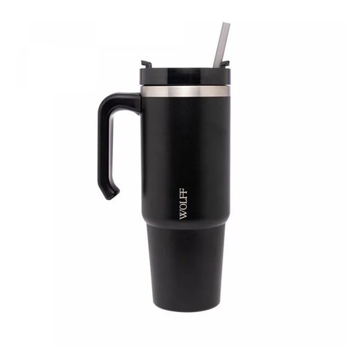 Caneca Térmica Parede Dupla com Base Ergonômica E Canudo Preta 890ml Wolff