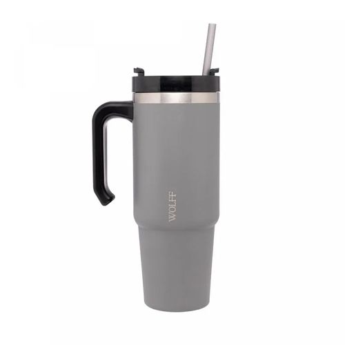 Caneca Térmica Parede Dupla com Base Ergonômica E Canudo Cinza 890ml Wolff