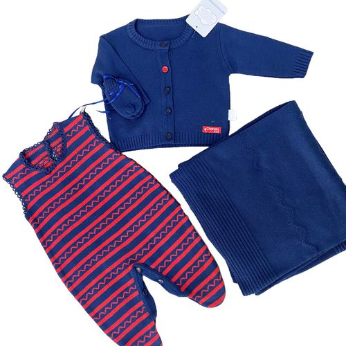 Saída de Maternidade Tricô Menino Azul Marinho/Vermelho Chandra