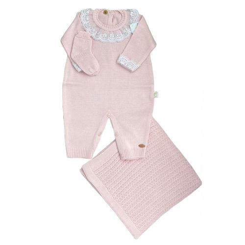 Saída de Maternidade Tricô Menina 3 Pçs Rosa Bebê Chandra