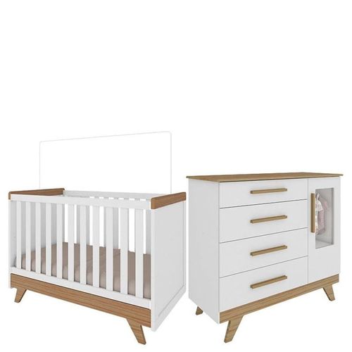 Berço   Cômoda Retrô Branco Brilho/Carvalho Peroba Móveis