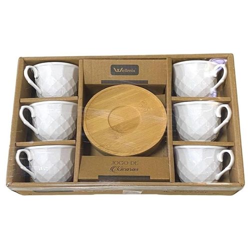 Jogo De 6 Xícaras Para Café Com Pires De Bambú Hueso 90ml Wellmix