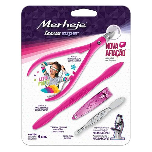 Kit de Manicure Rosa com Alicate, Espátula, Cortador de Unhas e Pinça Merheje