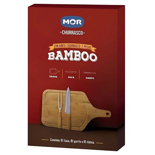 Kit Churrasco Bamboo 3 Peças Faca Tábua Garfo Mor