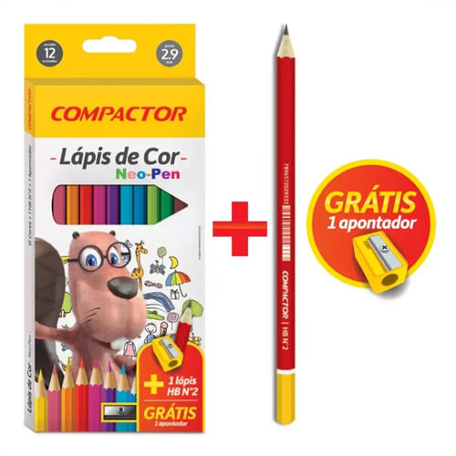 Lápis De Cor Com 12 Cores + 1 Lápis E 1 Apontador Compactor