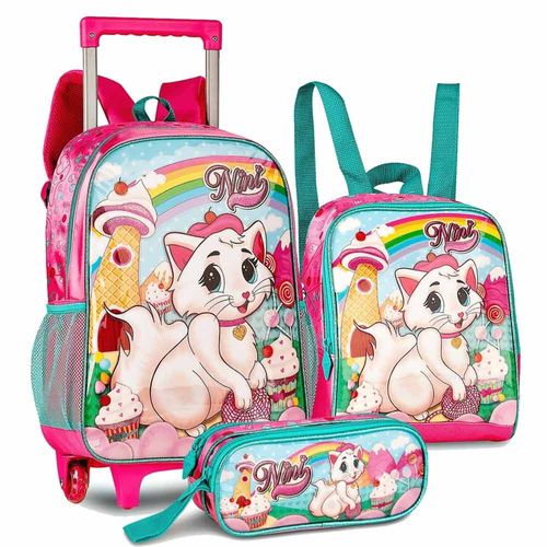 Mochila De Rodinhas Com Lancheira E Estojo Gatinha Nini Clio