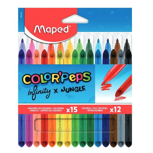 Kit Lápis De Cor Color'Peps Infinity 15 Cores + Hidrocor Jungle 12 Cores Maped