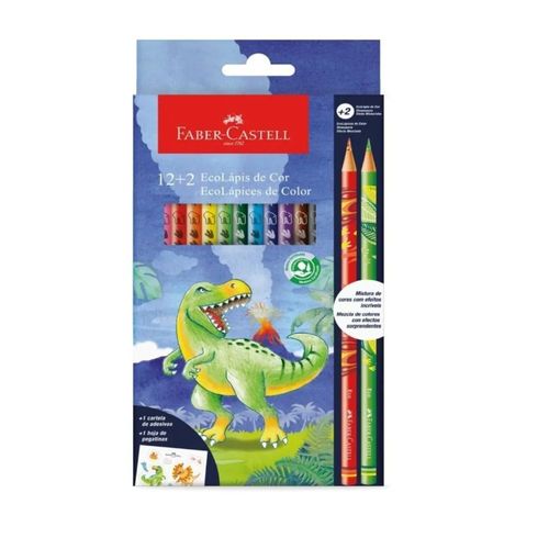 Lápis De Cor Dinossauro 12 Cores Com Mais 2 Exclusivos Faber-Castell
