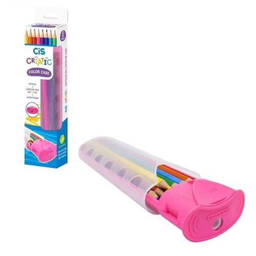 Conjunto Estojo Com Apontador E Lápis De Cor Rosa Cis