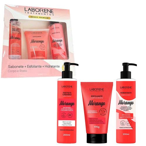 Kit Sabonete, Esfoliante e Hidratante Morango Corpo E Rosto Laborene