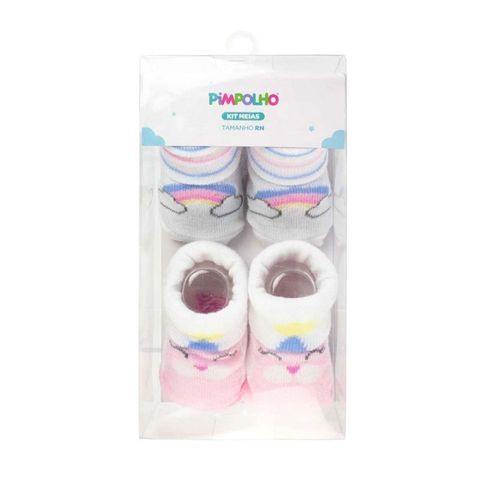 Kit Com 2 Pares De Meias RN Femininas Arco Íris E Ursinho Pimpolho