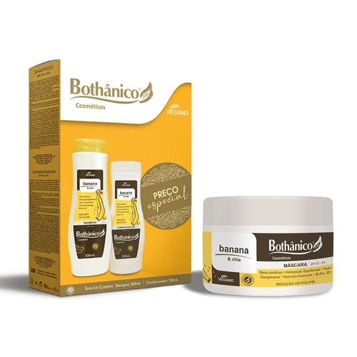 Kit Shampoo, Condicionador e Máscara Banana e Chia Bothânico Cosméticos