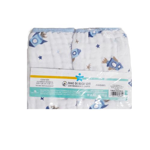 Kit Com 2 Panos De Boca 25x40cm com prendedor de chupeta Foguete Baby Joy