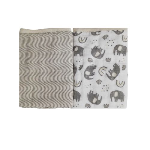 Kit Com 2 Panos De Boca 40x20cm Com Prendedor De Chupeta Elefante Minasrey