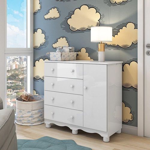 Cômoda Junior New 1 Porta E 4 Gavetas Branco Brilho Peroba