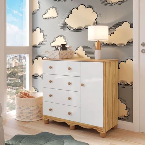 Cômoda Junior New 1 Porta E 4 Gavetas Branco Brilho E Amêndoa Peroba