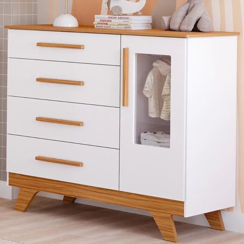 Cômoda Retrô 4 Gavetas E 1 Porta Branco Brilho E Amêndoa Peroba