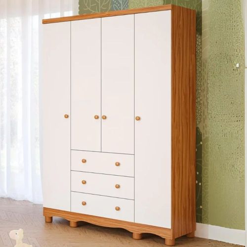 Roupeiro Junior New 4 Portas E 3 Gavetas Branco Brilho E Amêndoa Peroba