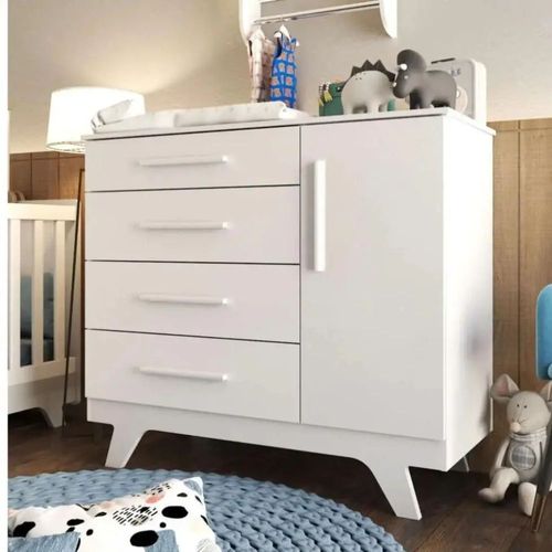 Cômoda Retrô 4 Gavetas E 1 Porta Branco Brilho Peroba