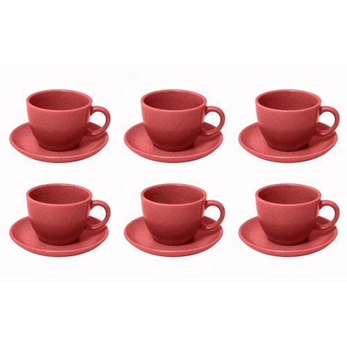 Conjunto de 6 Xícaras Com Pires 210ml Cerâmica Vermelho Mimo Style