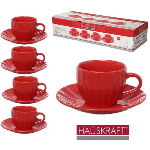 Jogo de Xícaras com Pires 150 ml Bella Vermelho 4 Peças Hauskraft