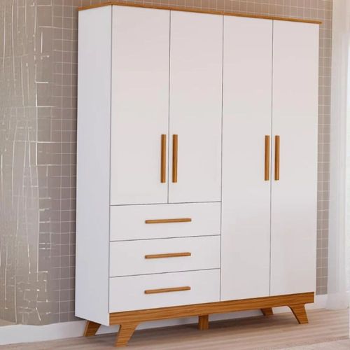Roupeiro Junior New 4 Portas E 3 Gavetas Branco Brilho E Amêndoa Peroba