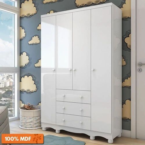 Roupeiro Junior New 4 Portas E 3 Gavetas Branco Brilho Peroba