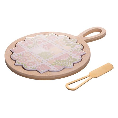 Conjunto 3 Peças para Queijo com Tábua Redonda e Faca Floral 30,5cm x 20cm x 2cm Bambu Lyor