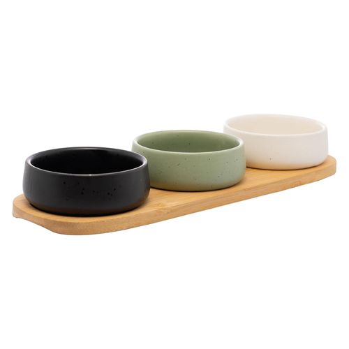 Conjunto 3 Petisqueiras com Bandeja de Bambu 32cm x 10cm x 3,5cm Lyor