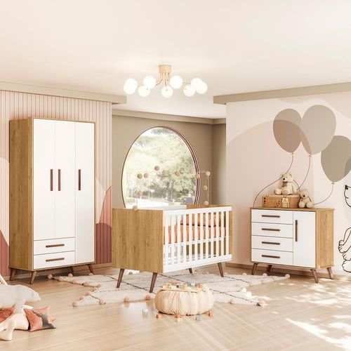 Quarto Completo Qencanto Retrô Roupeiro, Berço Mini Cama E Cômoda Sapateira Freijó Toq Com Branco Acetinado Qmovi