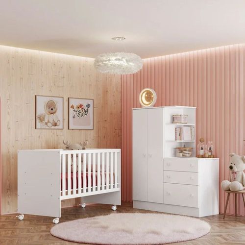 Quarto Completo Doce Sonho Berço Mini Cama E Roupeiro Cômoda Branco Qmovi