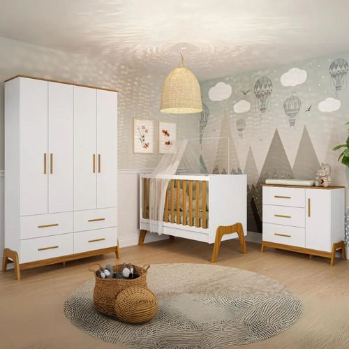 Quarto Completo Guti Retrô Roupeiro, Berço E Cômoda Branco Brilho E Amêndoa Peroba